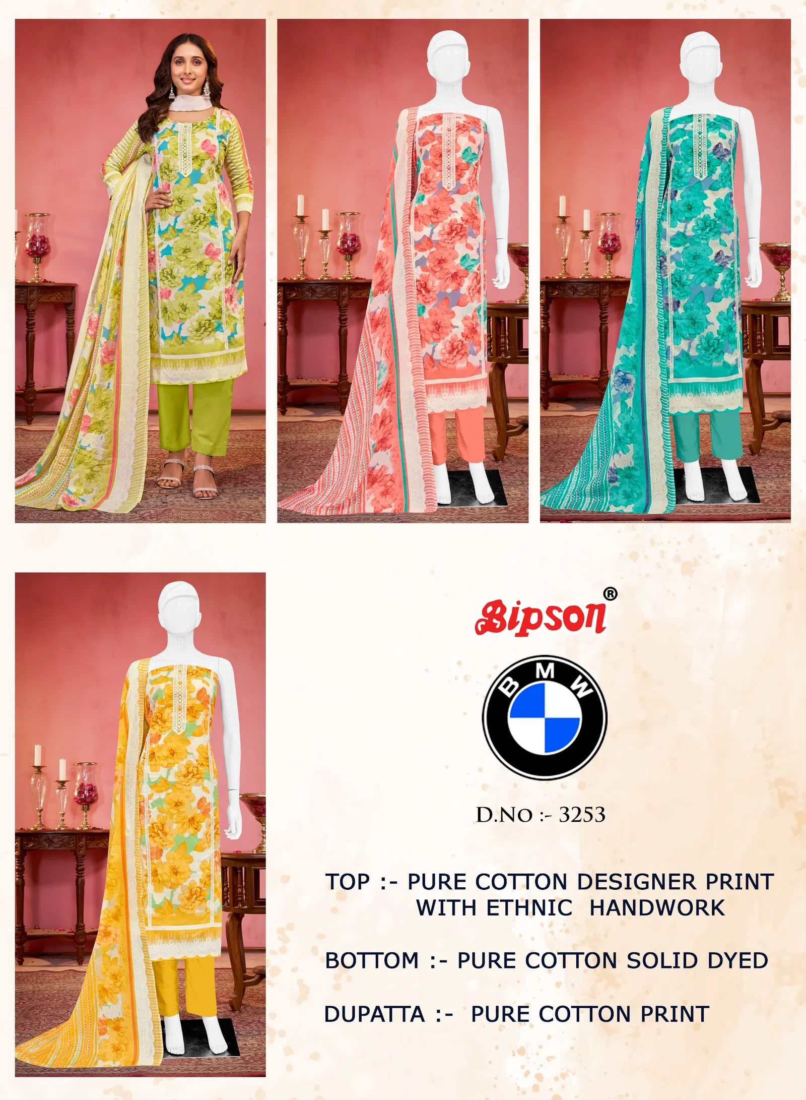 Bmw 3253 By Bipson Pure Cotton Printed Dress Material Exporters In India